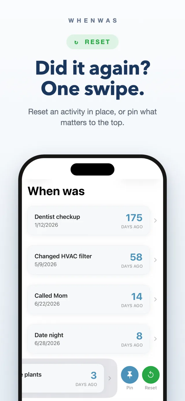 Resetting an activity in place with one swipe and pinning it to the top