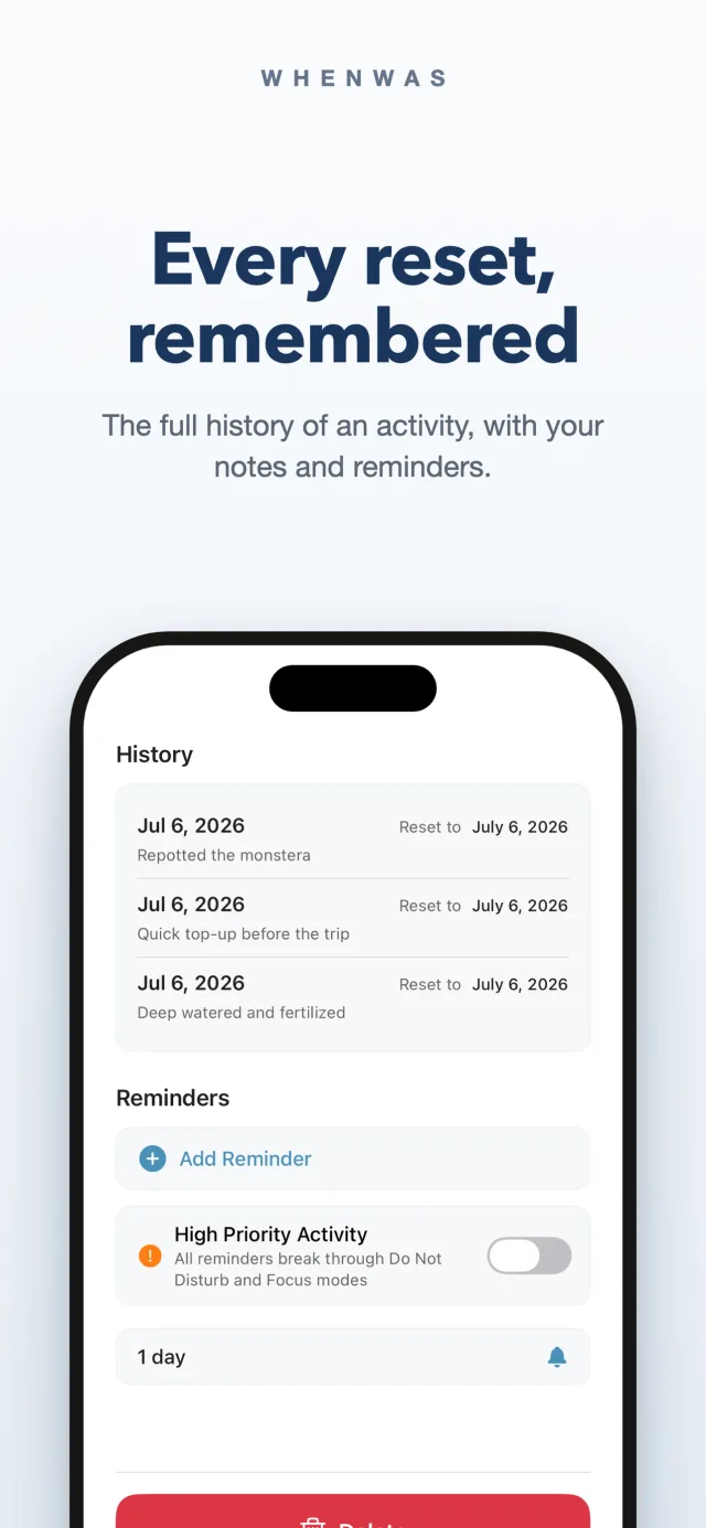 Full reset history timeline of an activity with notes and reminders