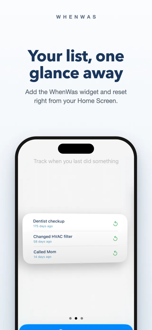 WhenWas Home Screen widget showing activities with reset buttons